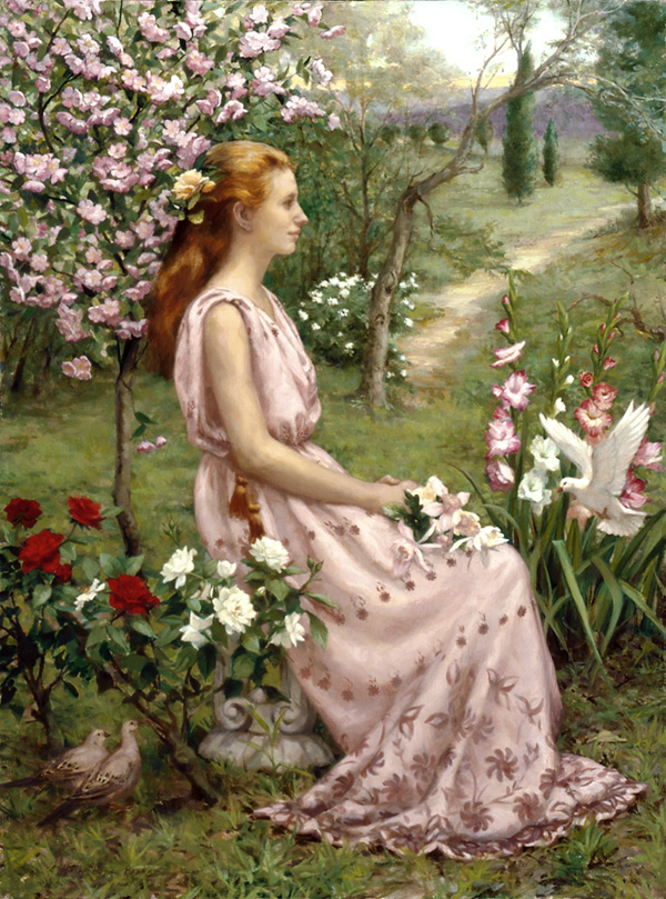 © Holly Hope Banks, Spring, oil on canvas, an oil painting of a young woman in a garden